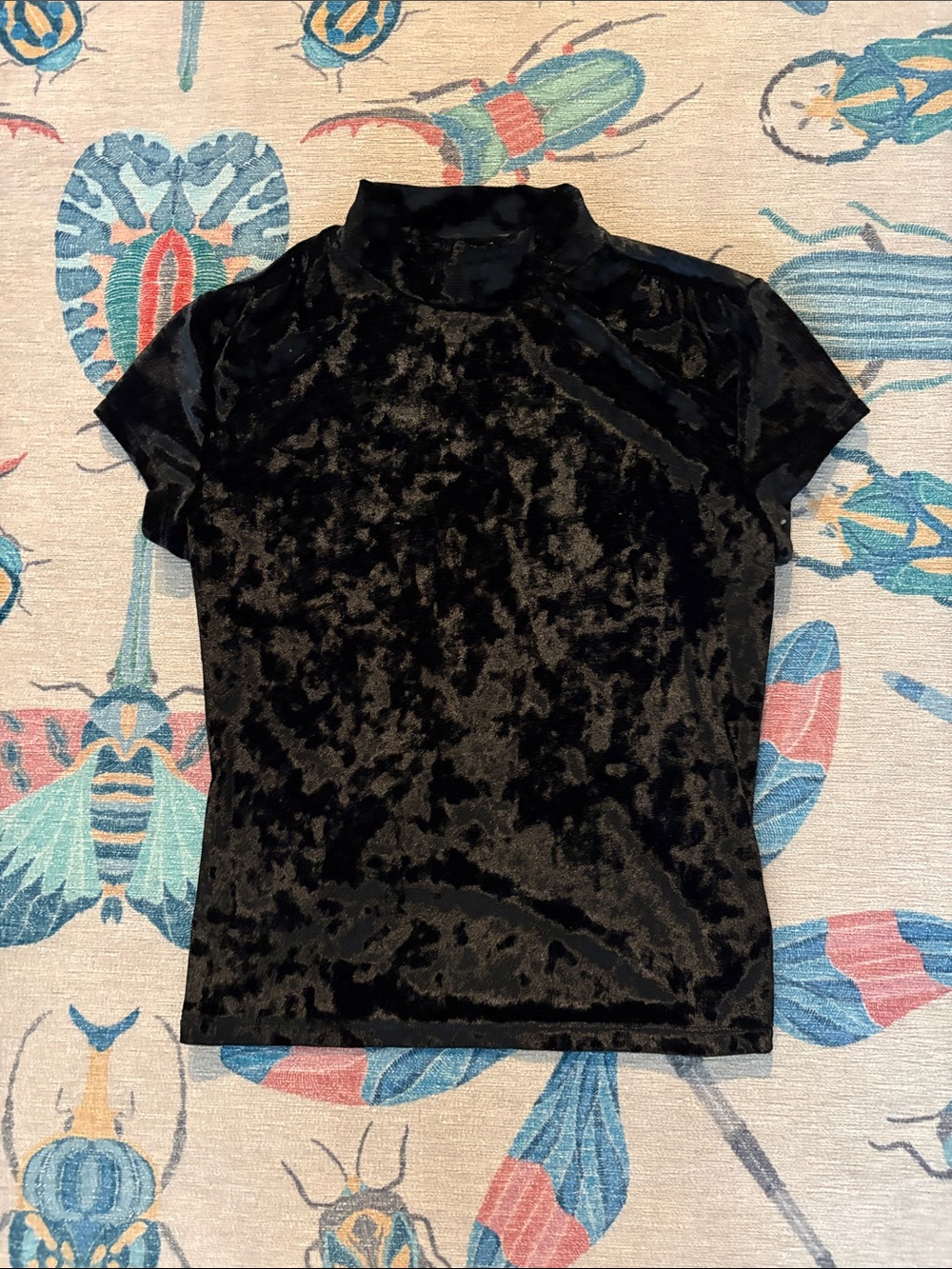 a new day Black Crushed Velvet Mock Neck Short Sleeve Top